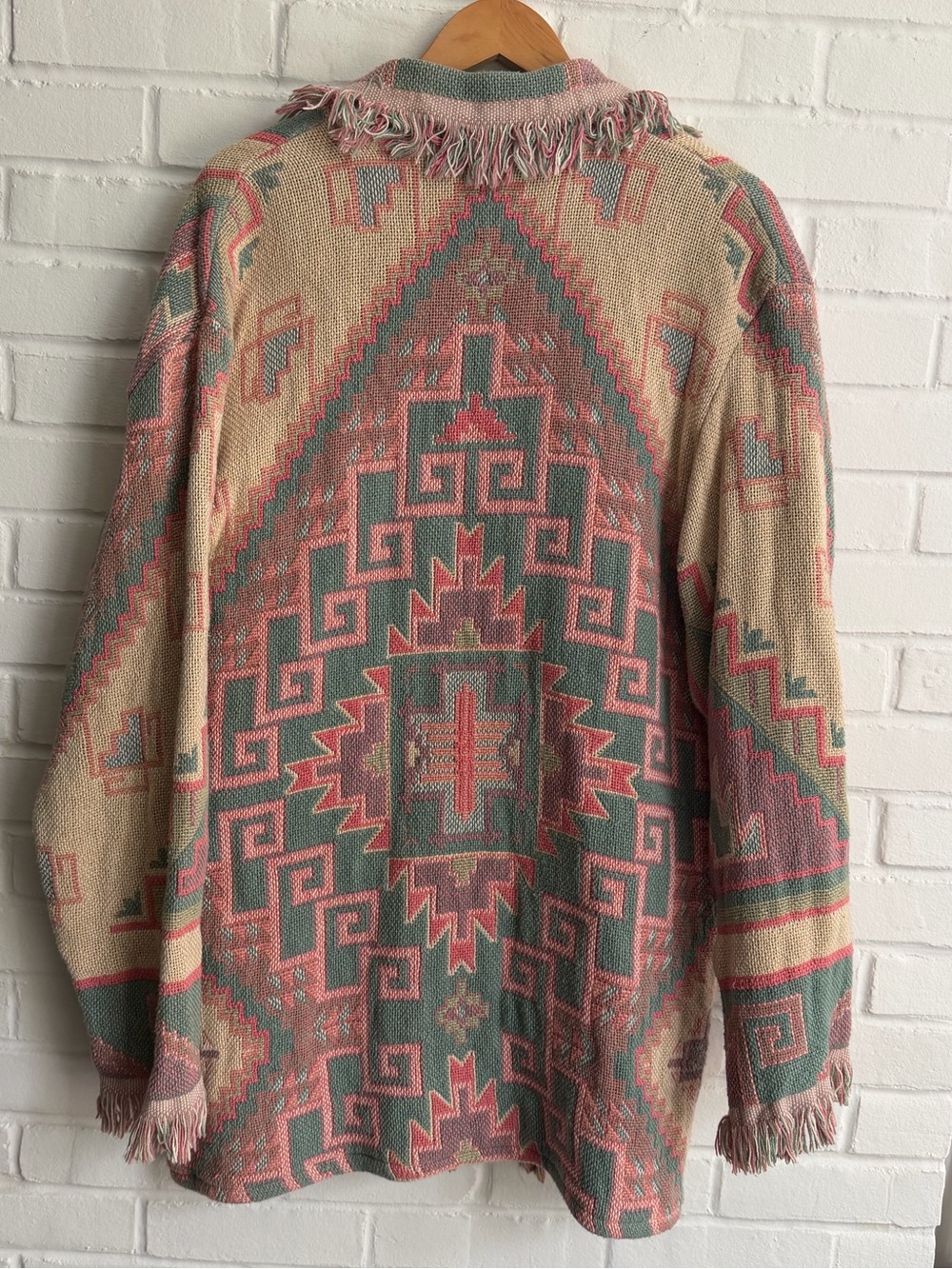 Boho Fringe Jacquard Cardigan Sweater - Pink & Sage - Picture 5 of 8